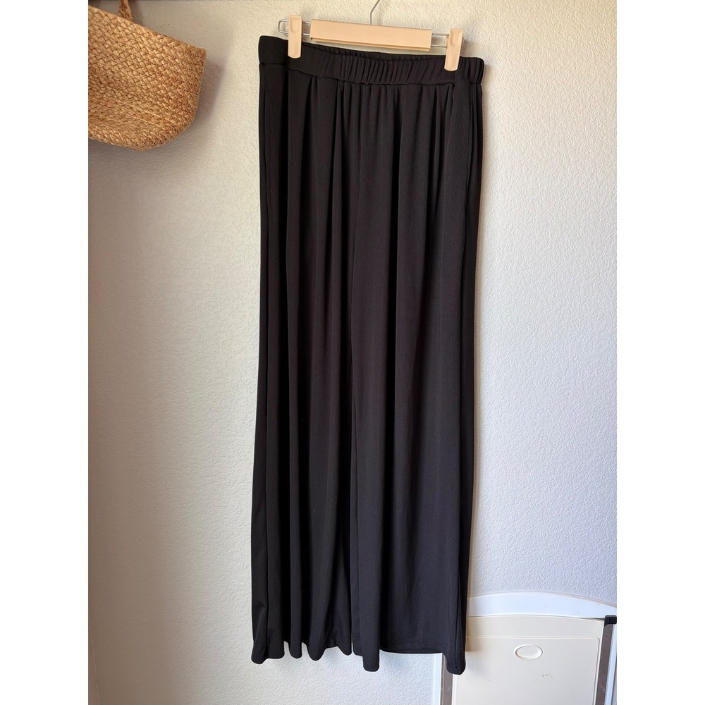 Womens‎ Black Wide Leg Ribbed Knit Pants High Waisted Elastic Waist Trousers